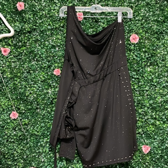 Black Sparkle Glitter Dress with Bead Studs - Asymmetrical One Sleeve Size S - Picture 4 of 4